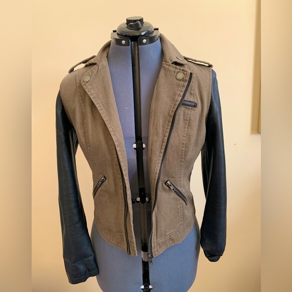William Rast Canvas and Faux Leather Moto Jacket, Sz XS; khaki green/black - Picture 1 of 4